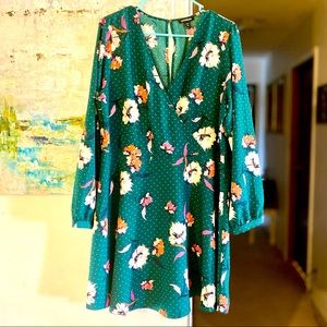 Express Fit and Flare Dress-Green Floral Polka Dot